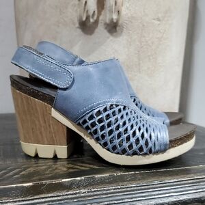 OTBT Blue Mesh Women's Mules Open Toe Heeled Sandals Chunky Leather Jetset